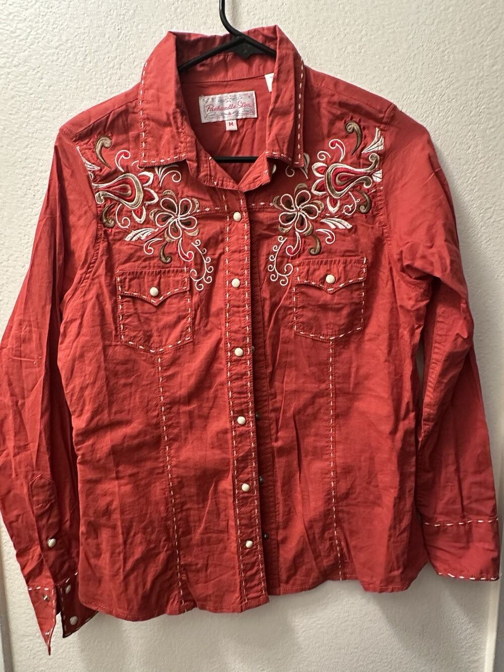 Panhandle Slim Women's Red Solid Embroidered Western Snap Button-Up Shirt M